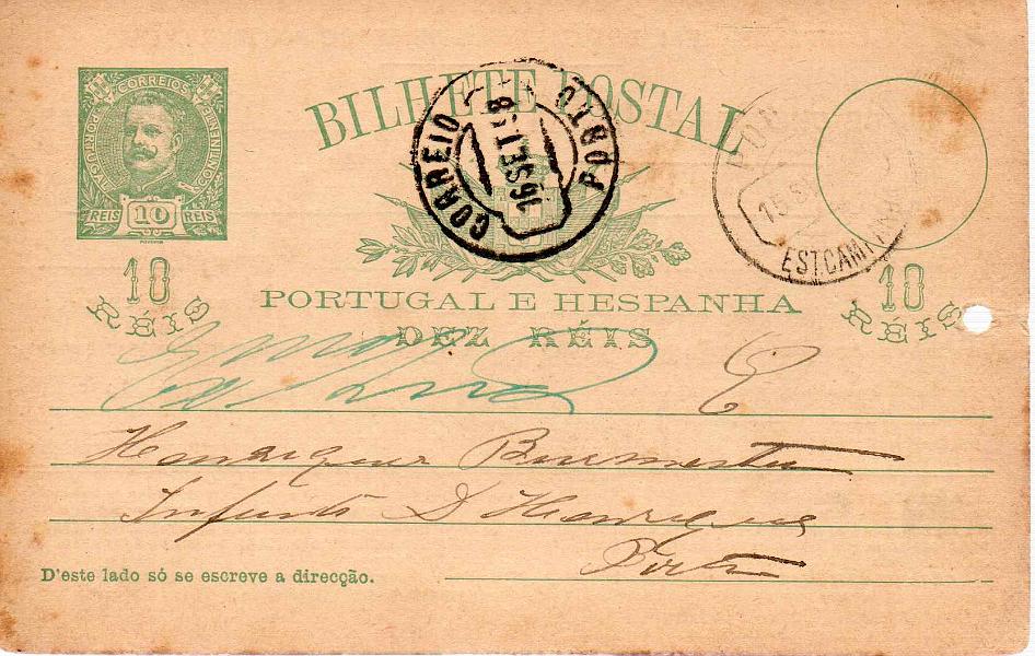 0472 f.jpg -     Lote:    472 (frente)            Correio Ferroviário       Descrição:         Carimbos ferroviários. 1896 &mdash; D. Carlos I Mouchon. OM23, 10 reis. Repicado pela Companhia Real dos Caminhos de Ferro Portugueses e circulado no Porto (16.09.98). Carimbo a azul de "PORTO-P".        IC       Valor Base:     &euro; 8,00     Valor Venda:     &euro; 8,00     
